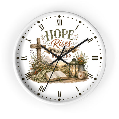 Christian Inspirational Wall Clock — "Hope Rises Where Grace Remains" Farmhouse Decor