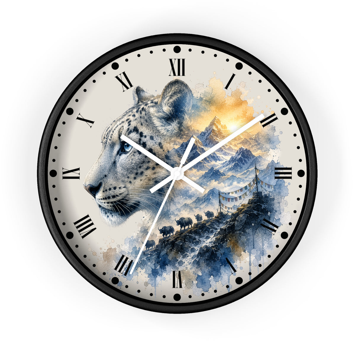 A round wall clock with a black frame and a printed face featuring a snow leopard in profile over blue watercolor mountains and a bridge, with black Roman numerals and white hands on a white background.