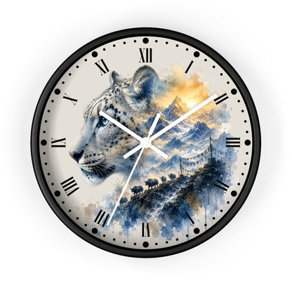 A round wall clock with a black frame and a printed face featuring a snow leopard in profile over blue watercolor mountains and a bridge, with black Roman numerals and white hands on a white background.