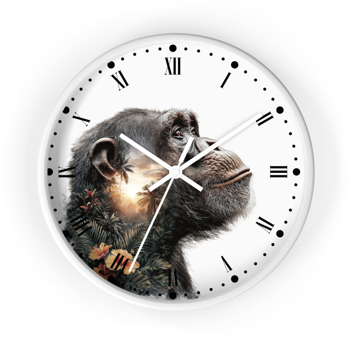 A round wall clock with a white face, black Roman numerals, and white hands, featuring a photographic chimpanzee portrait with a sunset and tropical foliage overlay on the left side