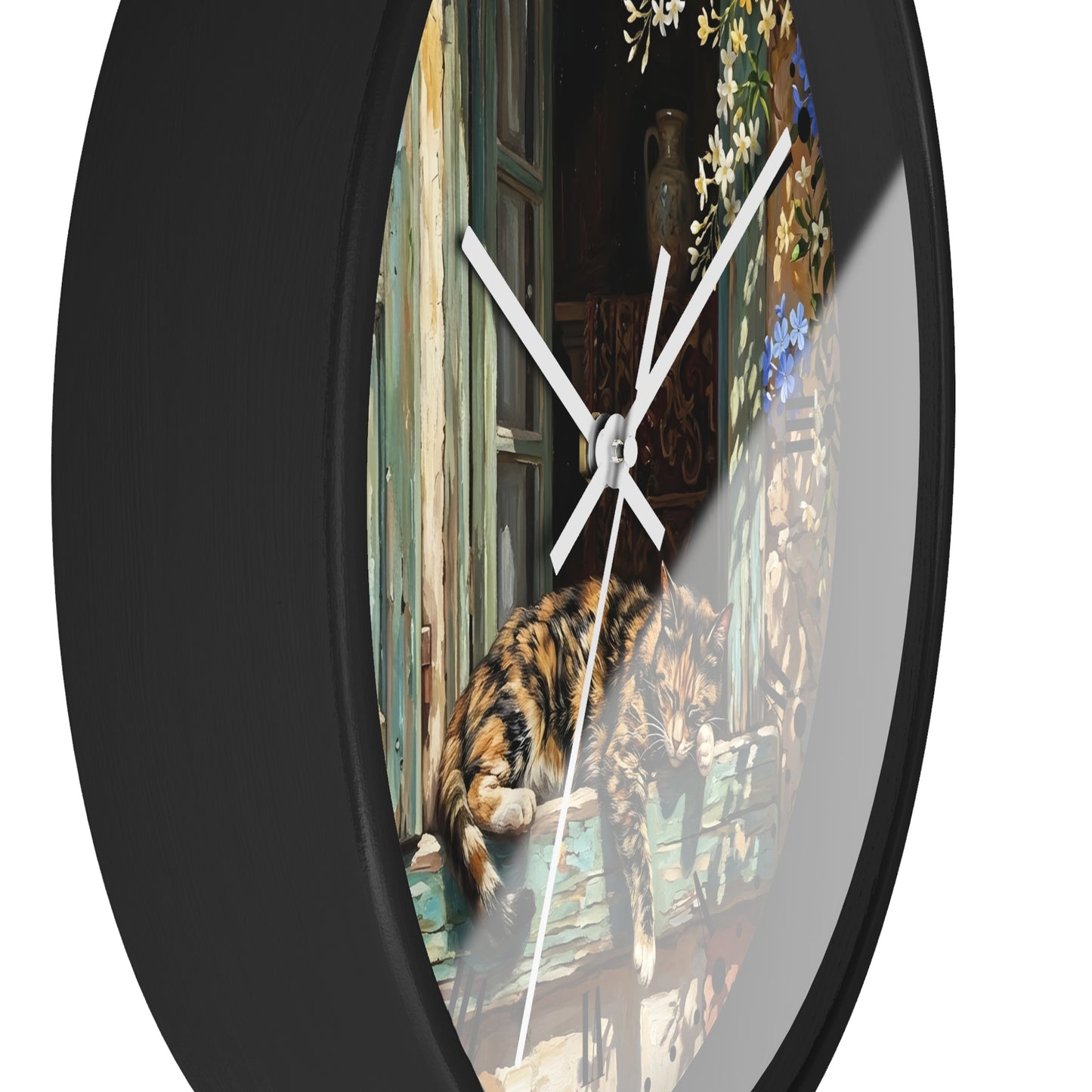 Round wall clock with a black frame and a printed scene on the face showing a cat resting on a weathered wooden windowsill, photographed against a plain white background.