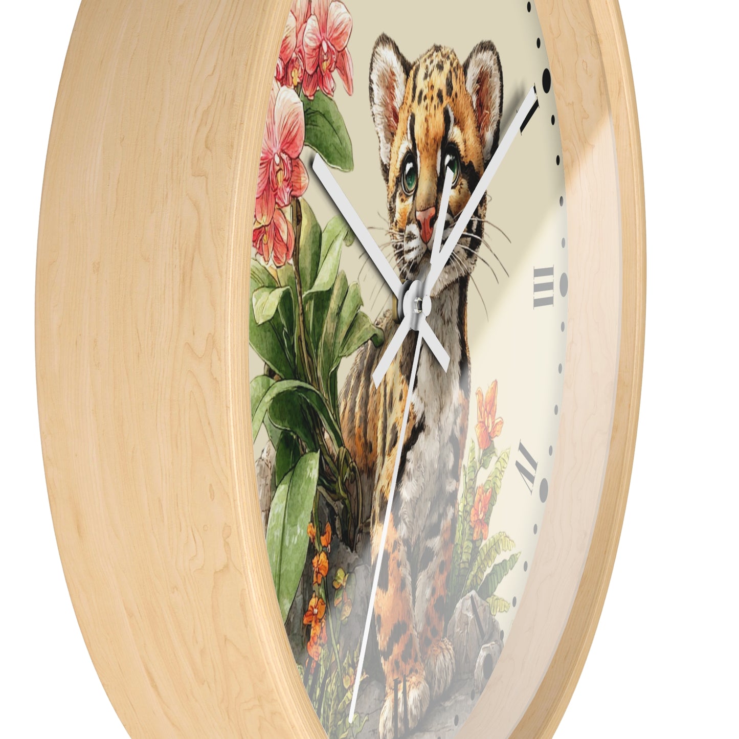 Baby Ocelot Floral Wall Clock — Jungle Nursery Clock with Roman Numerals