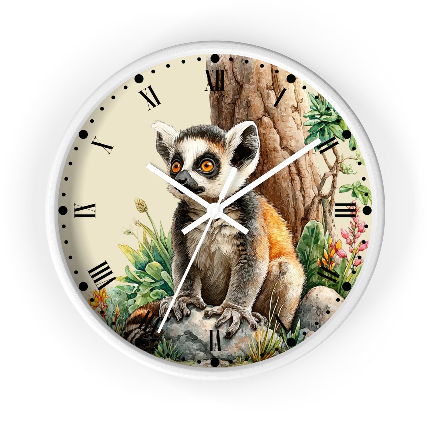 Round wall clock with a white frame and a printed illustration of a lemur sitting in front of a tree, with Roman numerals and white clock hands on a light cream face.