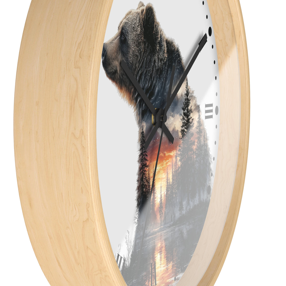 Bear Silhouette Wall Clock — Mountain Sunset Forest Double Exposure Decor