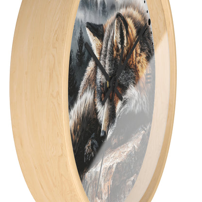 Round wall clock with a light natural wood frame and a printed fox illustration on the face, shown against a plain white background.