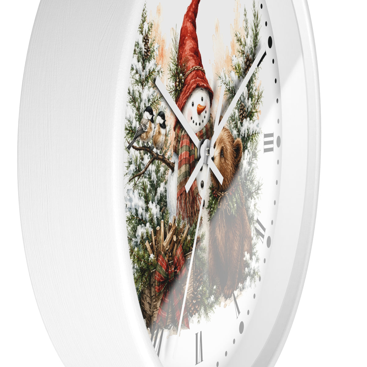 A white round wall clock with a festive winter illustration on the face, featuring a snowman in a red hat, a brown bear, pine trees, birds, and Roman numerals.