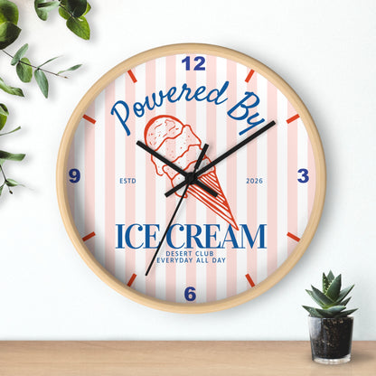Desert Club Wall Clock | "Powered By Ice Cream" Retro Striped Dessert Kitchen Decor