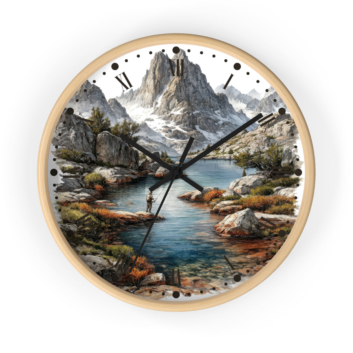 Round wall clock with a light wood frame and a scenic landscape print featuring a mountain range, rocky shoreline, blue water, and a small figure fishing. Black Roman numerals and black clock hands are visible against a plain white background.