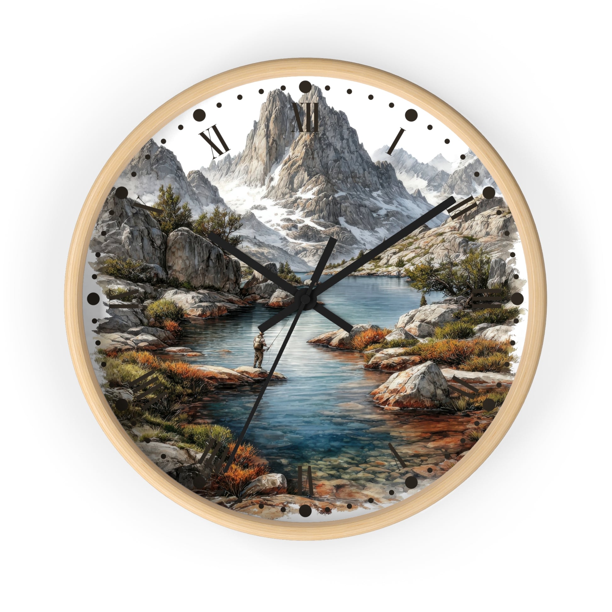 Round wall clock with a light wood frame and a scenic landscape print featuring a mountain range, rocky shoreline, blue water, and a small figure fishing. Black Roman numerals and black clock hands are visible against a plain white background.