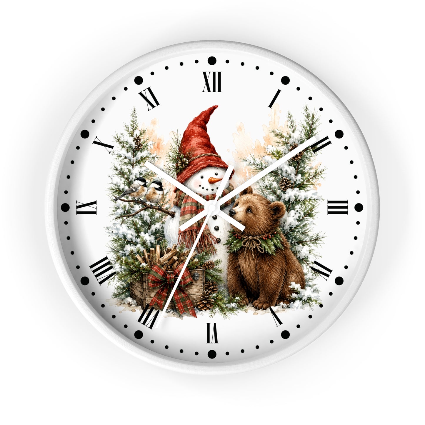 A round white wall clock with black Roman numerals and dot hour markers, featuring a festive winter illustration of a snowman in a red hat, a brown bear, and snow-covered evergreen trees.