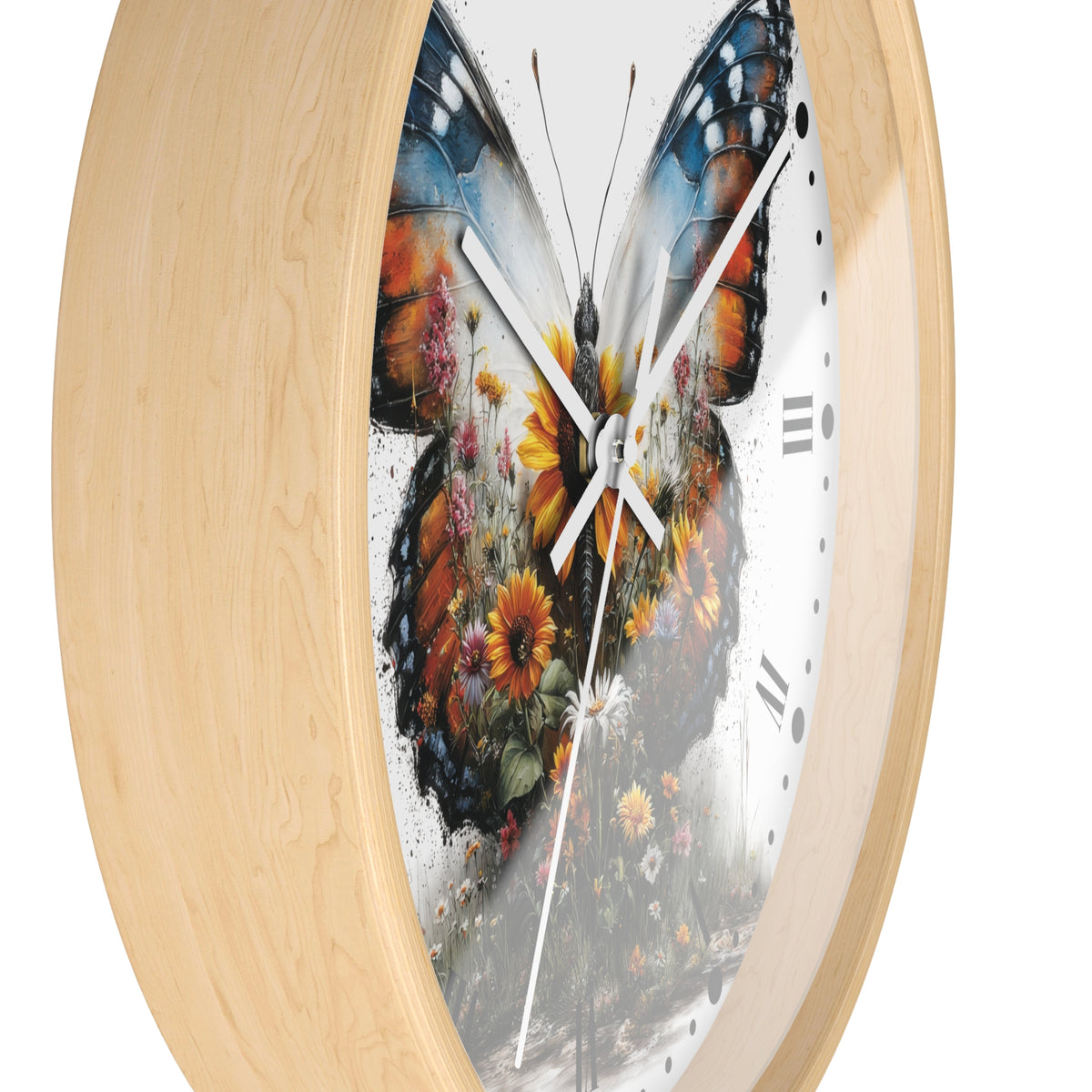 Round wall clock with a light natural wood frame and a white dial featuring a large colorful butterfly and floral artwork, shown on a plain white background.