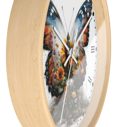 Round wall clock with a light natural wood frame and a white dial featuring a large colorful butterfly and floral artwork, shown on a plain white background.