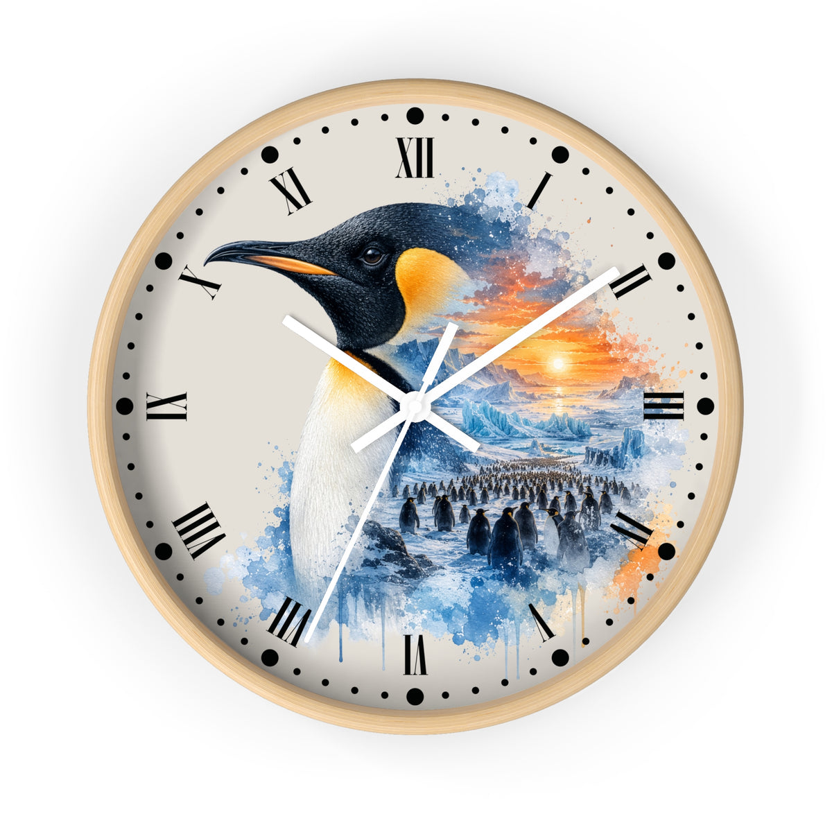 King Penguin Sunset Wall Clock — Arctic Animal Scenic Decor