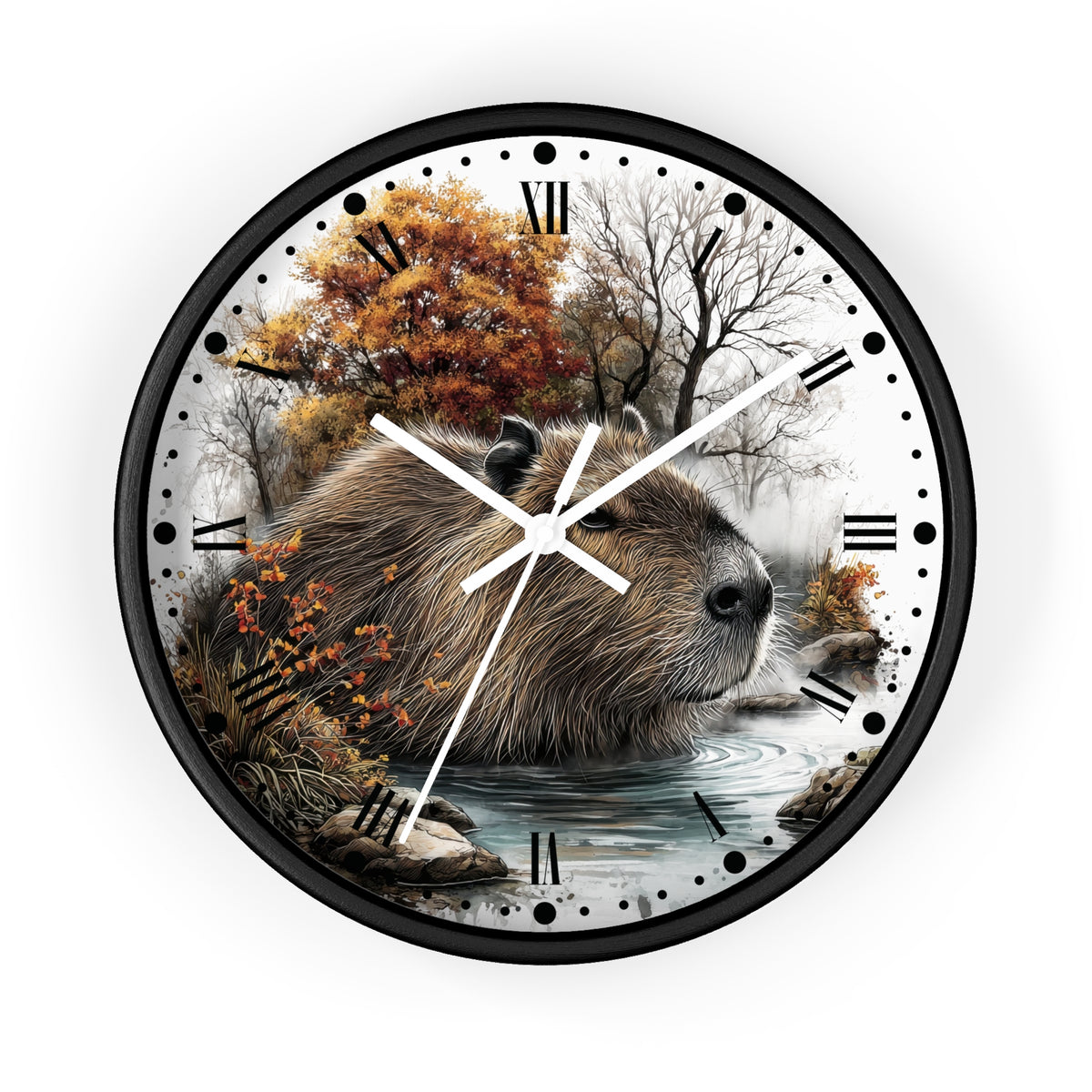 Round wall clock with a black frame and a printed nature scene featuring a capybara in shallow water, autumn trees, and a misty forest. The clock face has black Roman numerals and black dot hour markers, with white clock hands.