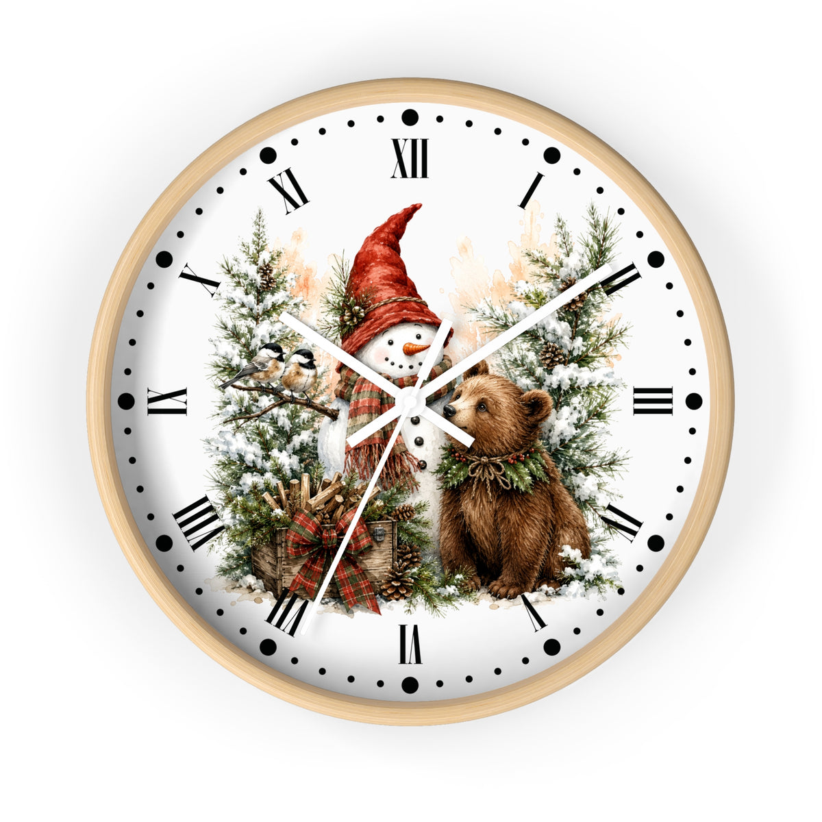 A round wall clock with a light wood frame and a white face featuring a winter holiday illustration of a snowman in a red hat, a brown bear, evergreen trees, and black Roman numerals.