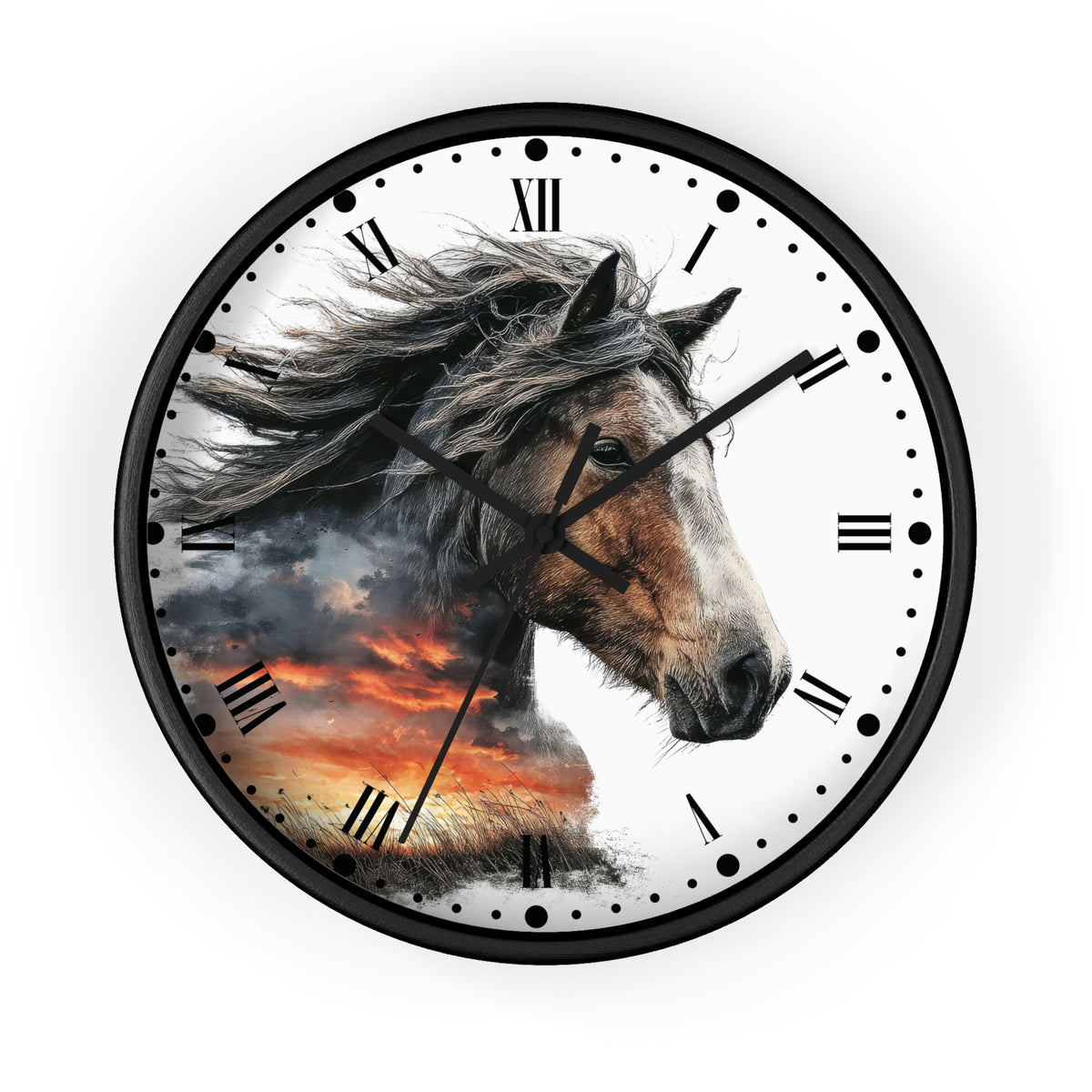 Round wall clock with a black frame and a white face featuring a detailed illustration of a horse's head over a dramatic orange and gray sunset scene. The clock has black Roman numerals and black hands, shown against a plain white background.