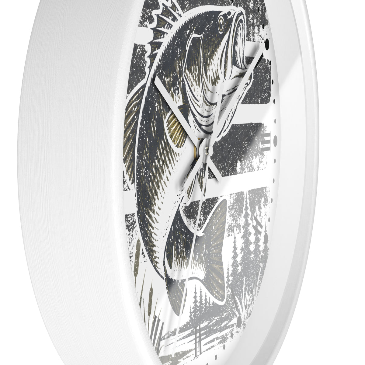A white oval wall clock featuring a detailed black and gray graphic print of a largemouth bass fish with subtle gold accents, shown against a clean white background.