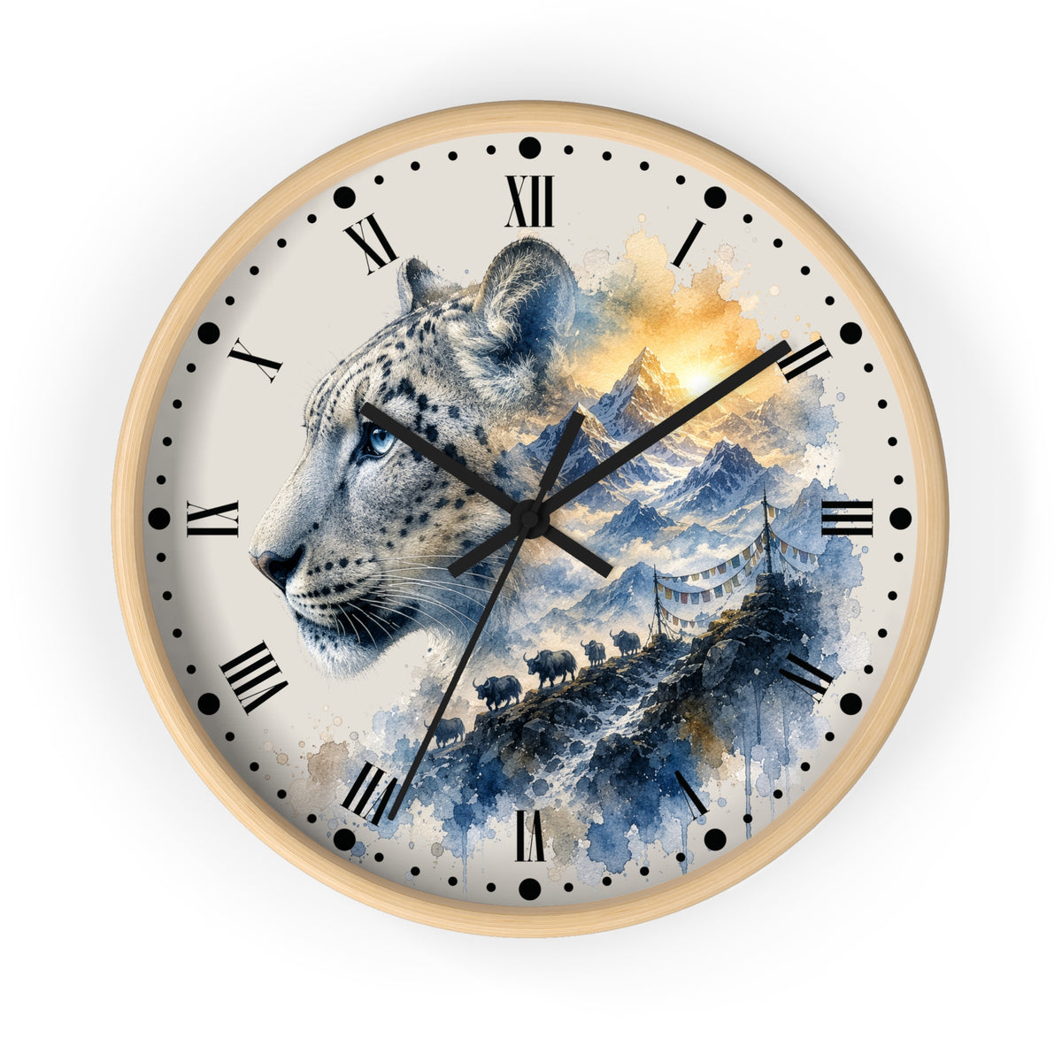 Round wall clock with a light wood frame and a printed face featuring a snow leopard in profile over blue watercolor mountains and a golden sky, with black Roman numerals and hands on a white background.