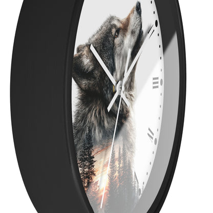 Wolf  Sunset Wall Clock with Roman Numerals — Rustic Forest Animal Decor