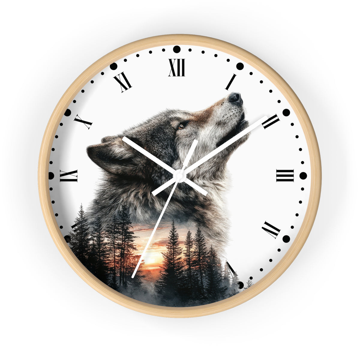 Wolf  Sunset Wall Clock with Roman Numerals — Rustic Forest Animal Decor