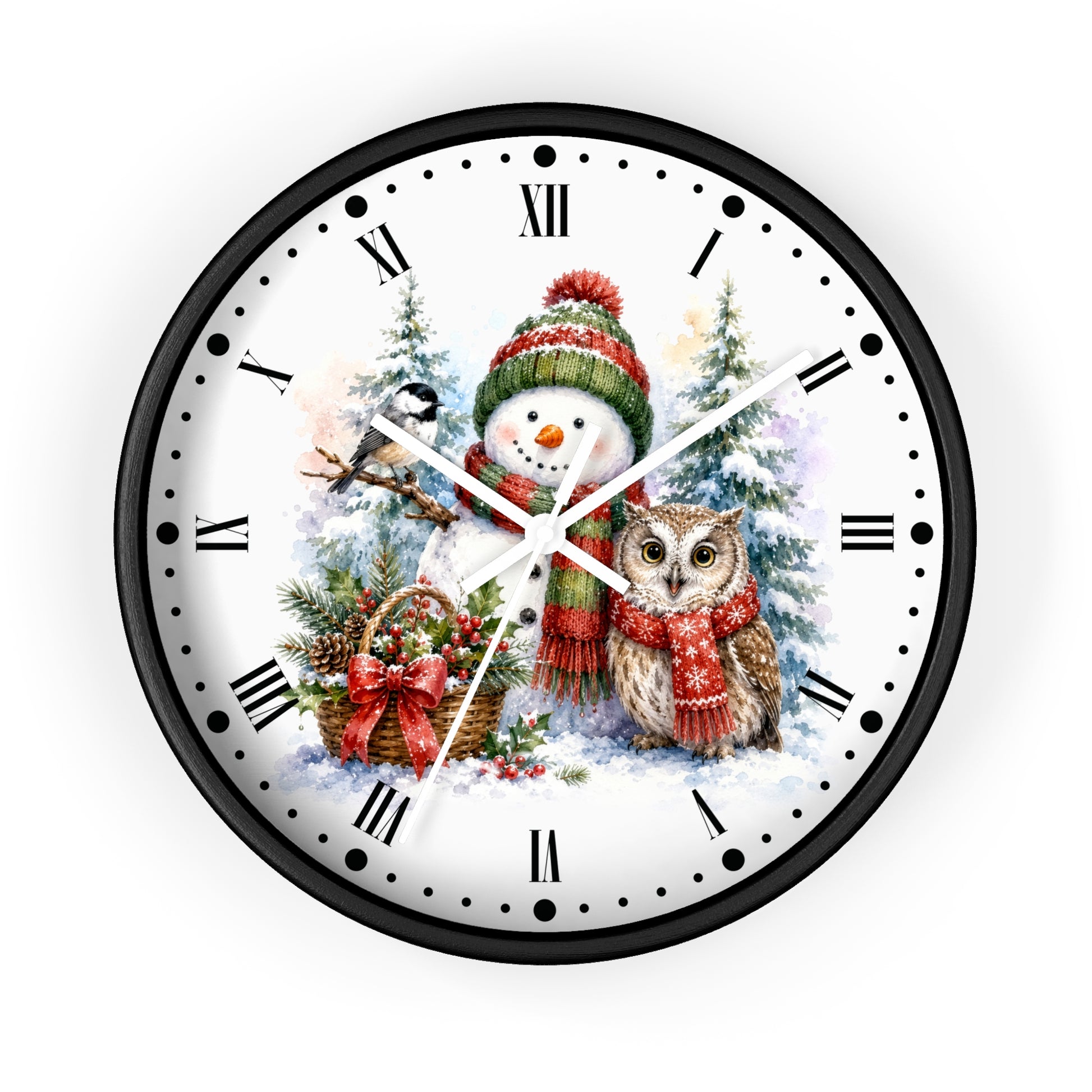 A round wall clock with a black frame and a white face featuring a festive Christmas illustration of a snowman and an owl, with black Roman numerals and clock hands.