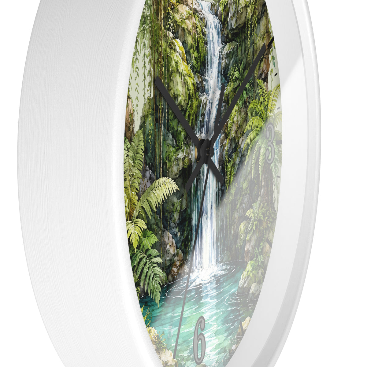 Round wall clock with a white frame and a scenic print of a lush tropical waterfall cascading into a turquoise pool, shown against a plain white background.