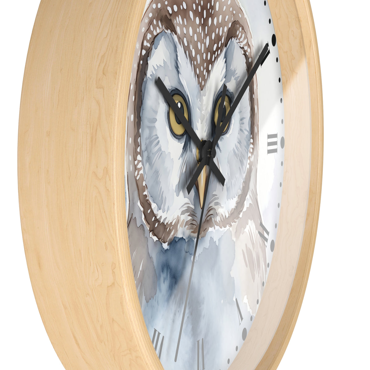 Round wall clock with a light natural wood frame and a printed owl face on the dial, shown against a plain white background.