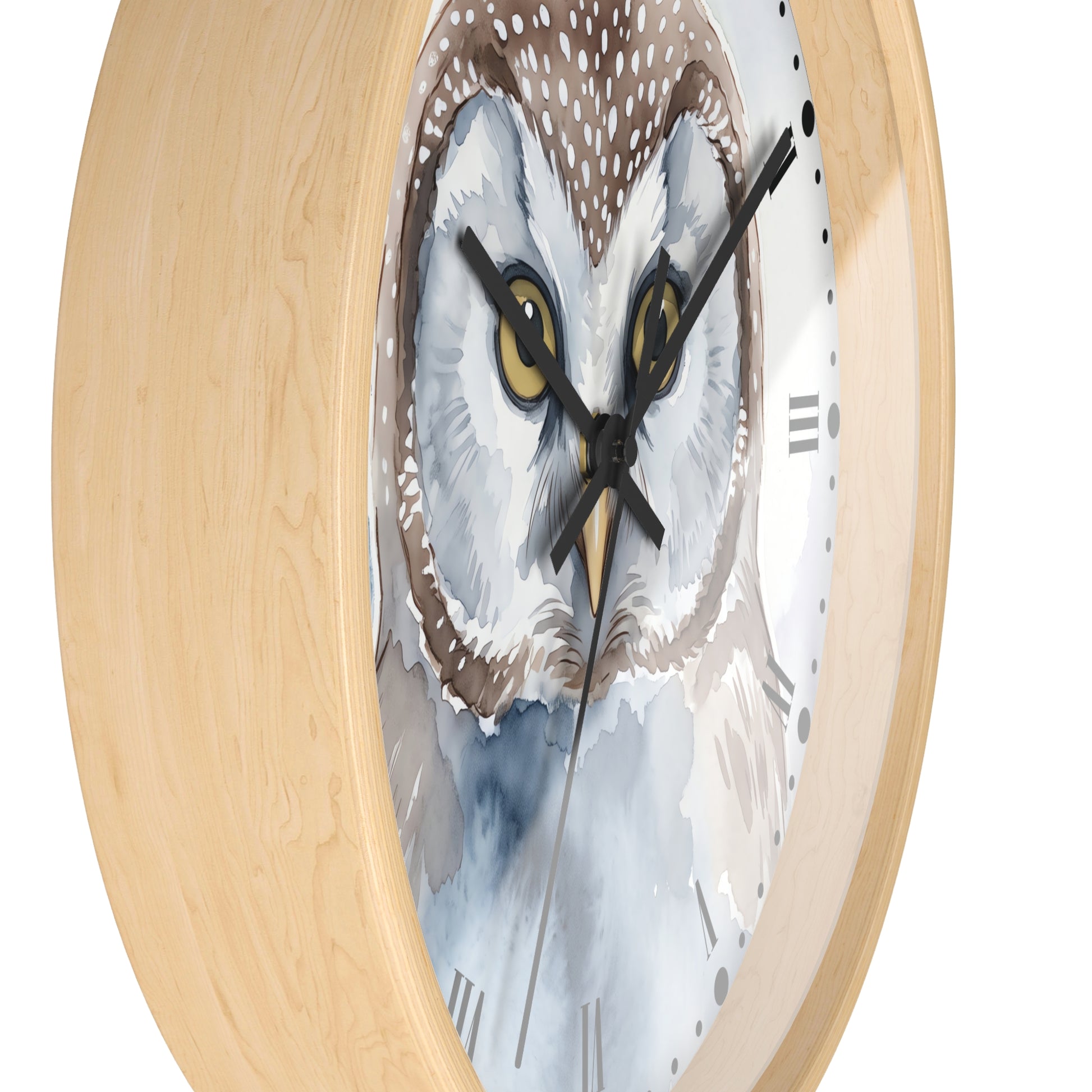 Round wall clock with a light natural wood frame and a printed owl face on the dial, shown against a plain white background.