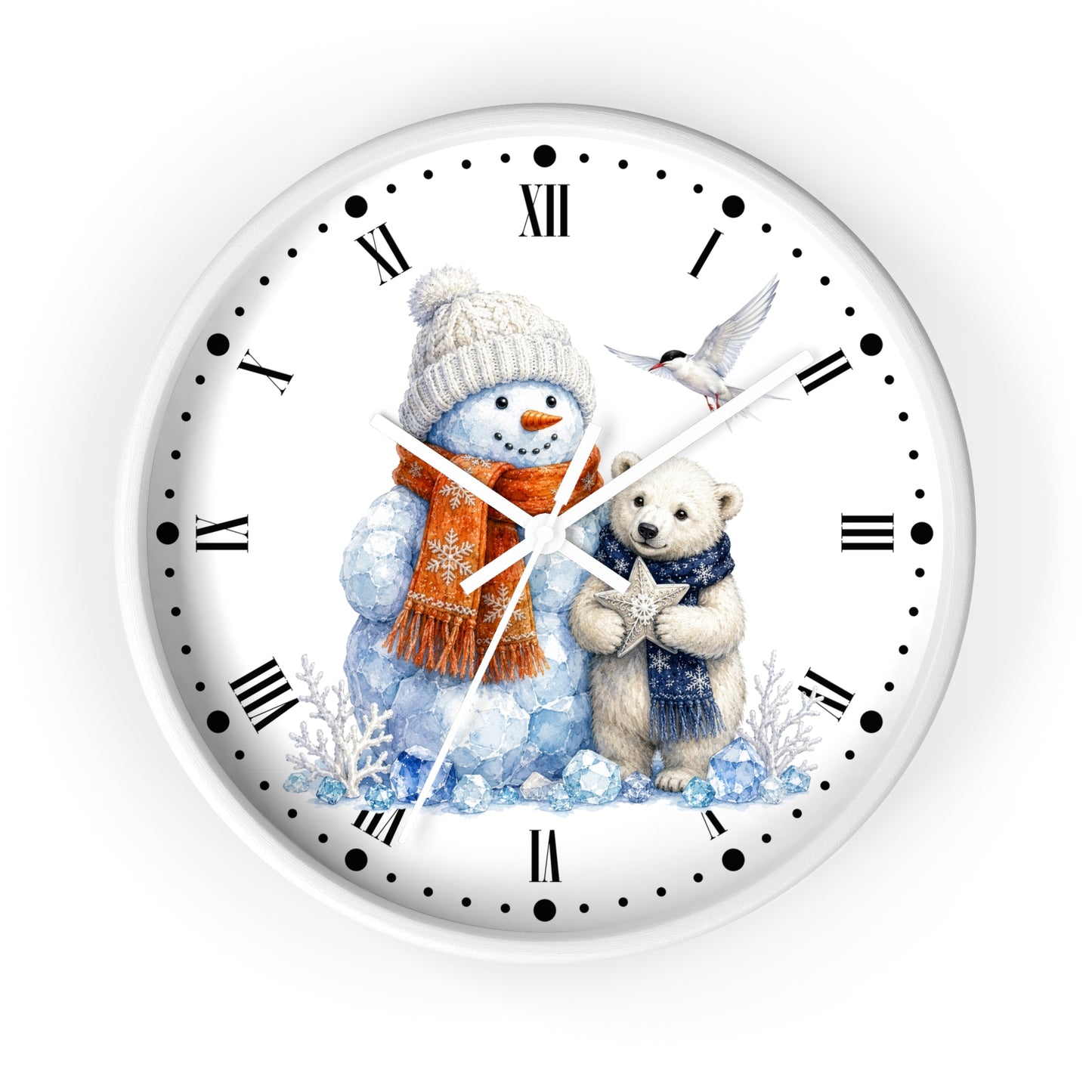 A round white wall clock with black Roman numerals and dot hour markers, featuring a winter illustration of a snowman in a beige hat and orange scarf, a polar bear in a blue scarf, and a small bird, shown on a white background.