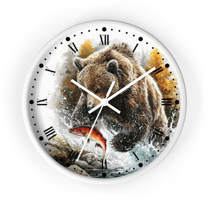 Bear Fishing Wall Clock — Rustic Wildlife River Scene Home Decor