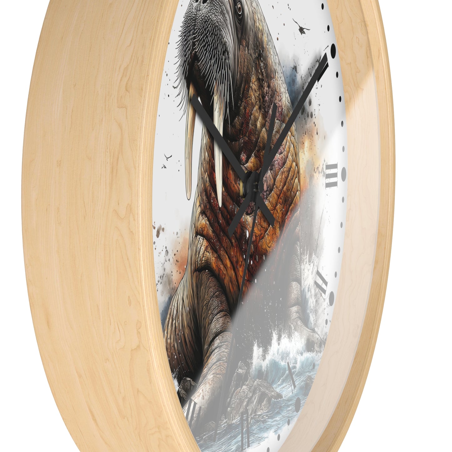 Round wall clock with a light natural wood frame and a printed design of a walrus on the clock face, with black Roman numerals and black hands.