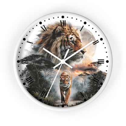 A round wall clock with a white frame and a printed safari scene featuring a large tiger head, a walking tiger, trees, and a moon on the clock face. The hands and hour markers are black, and the clock is centered on a light gray background.