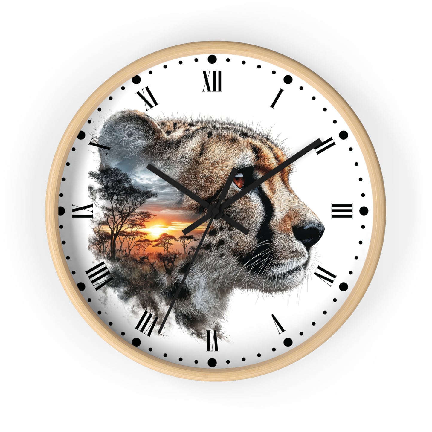 Round wall clock with a light wood frame, black Roman numerals, and a white dial featuring a large cheetah profile with a sunset savanna scene composited into its face. The clock is shown against a plain white background.