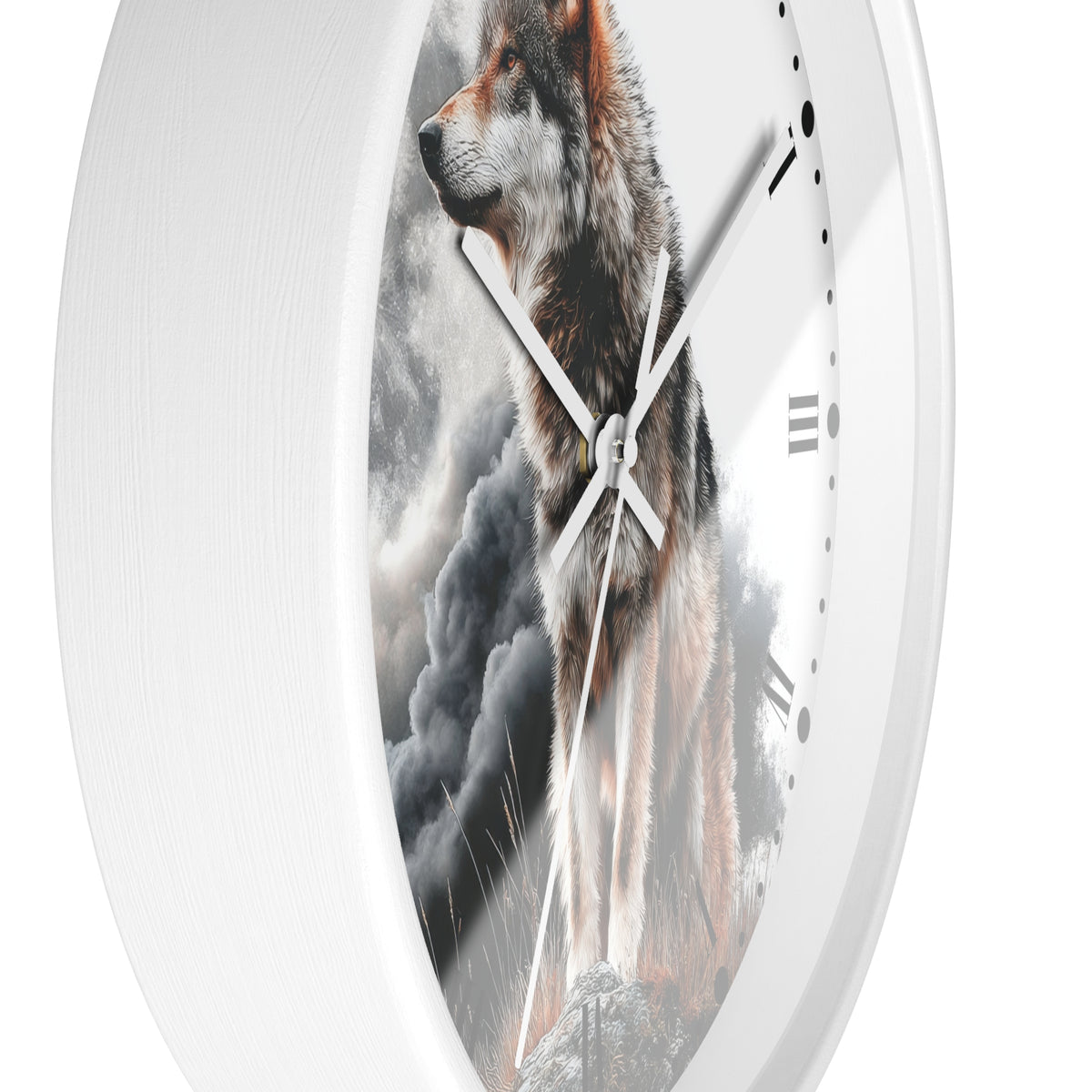 A round wall clock with a white frame and a printed wolf illustration over a smoky gray background. The clock face has black Roman numerals and white hands.