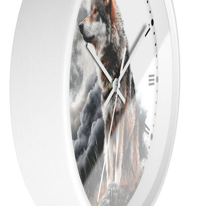 A round wall clock with a white frame and a printed wolf illustration over a smoky gray background. The clock face has black Roman numerals and white hands.