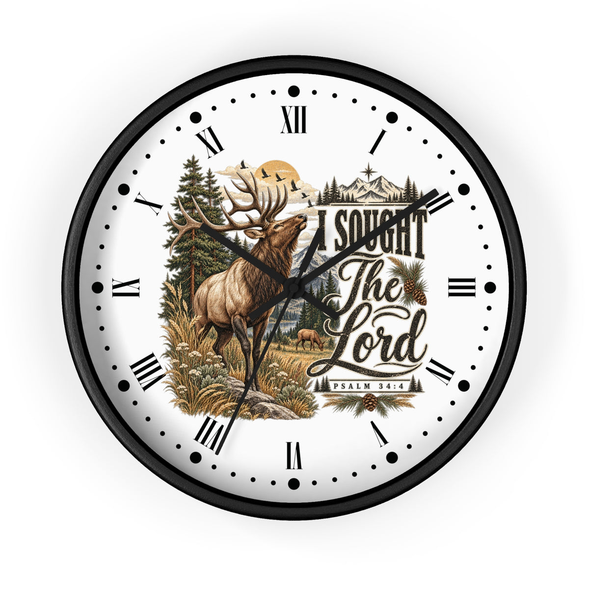 A round wall clock with a black frame and a white face featuring a detailed illustration of a deer in a forest, mountains, and the text 'I SOUGHT The Lord Psalm 34:5'.
