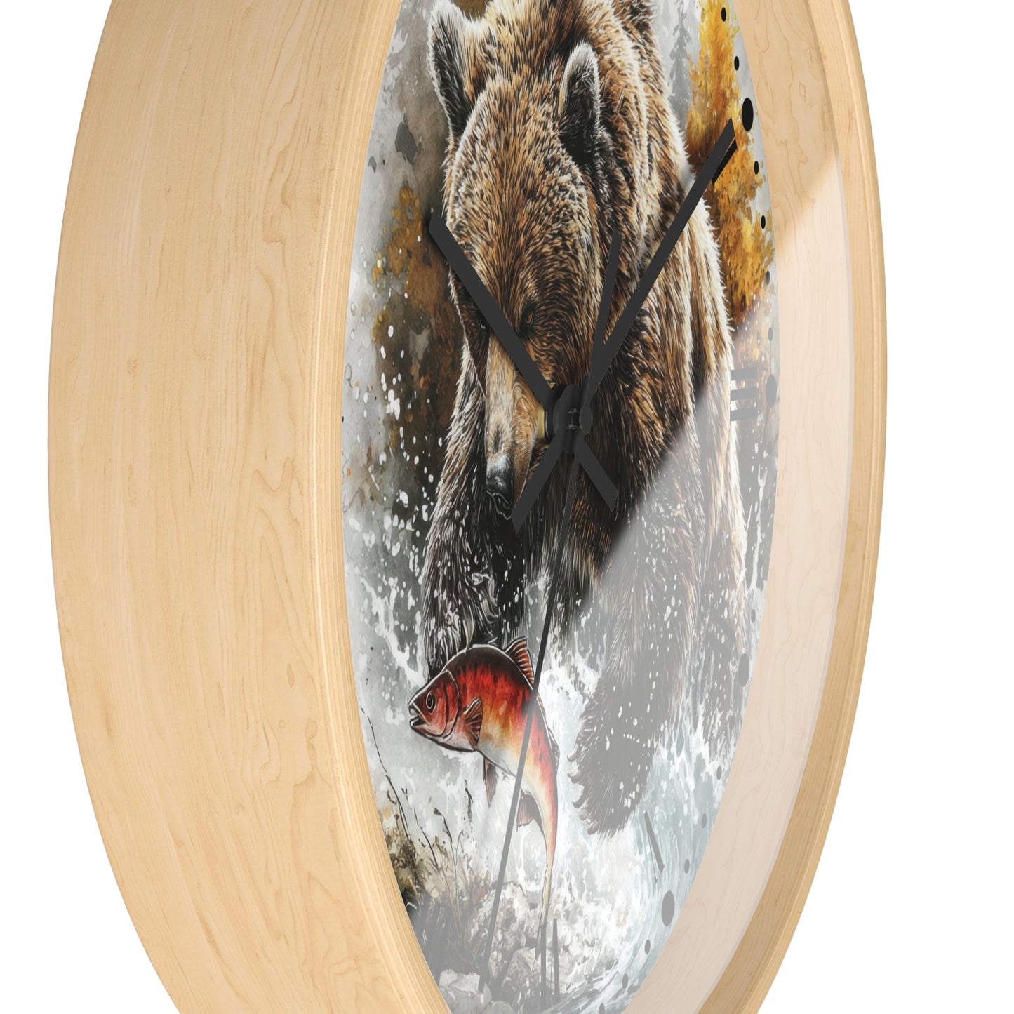 Bear Fishing Wall Clock — Rustic Wildlife River Scene Home Decor