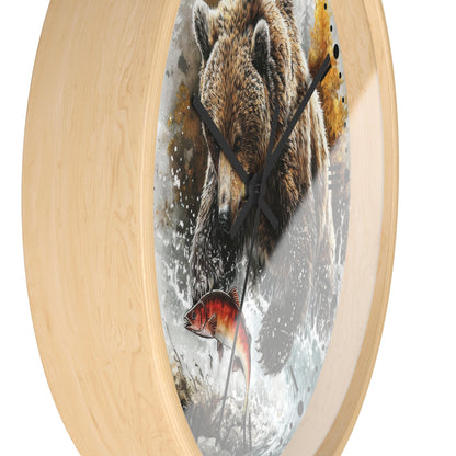 Bear Fishing Wall Clock — Rustic Wildlife River Scene Home Decor
