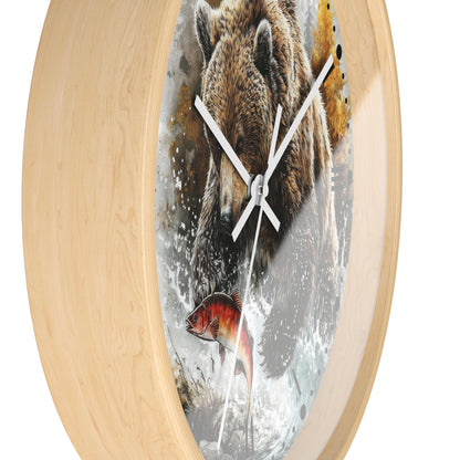 Bear Fishing Wall Clock — Rustic Wildlife River Scene Home Decor