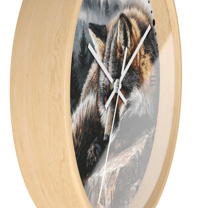 Round wall clock with a light natural wood frame and a printed fox illustration on the face, shown against a plain white background.