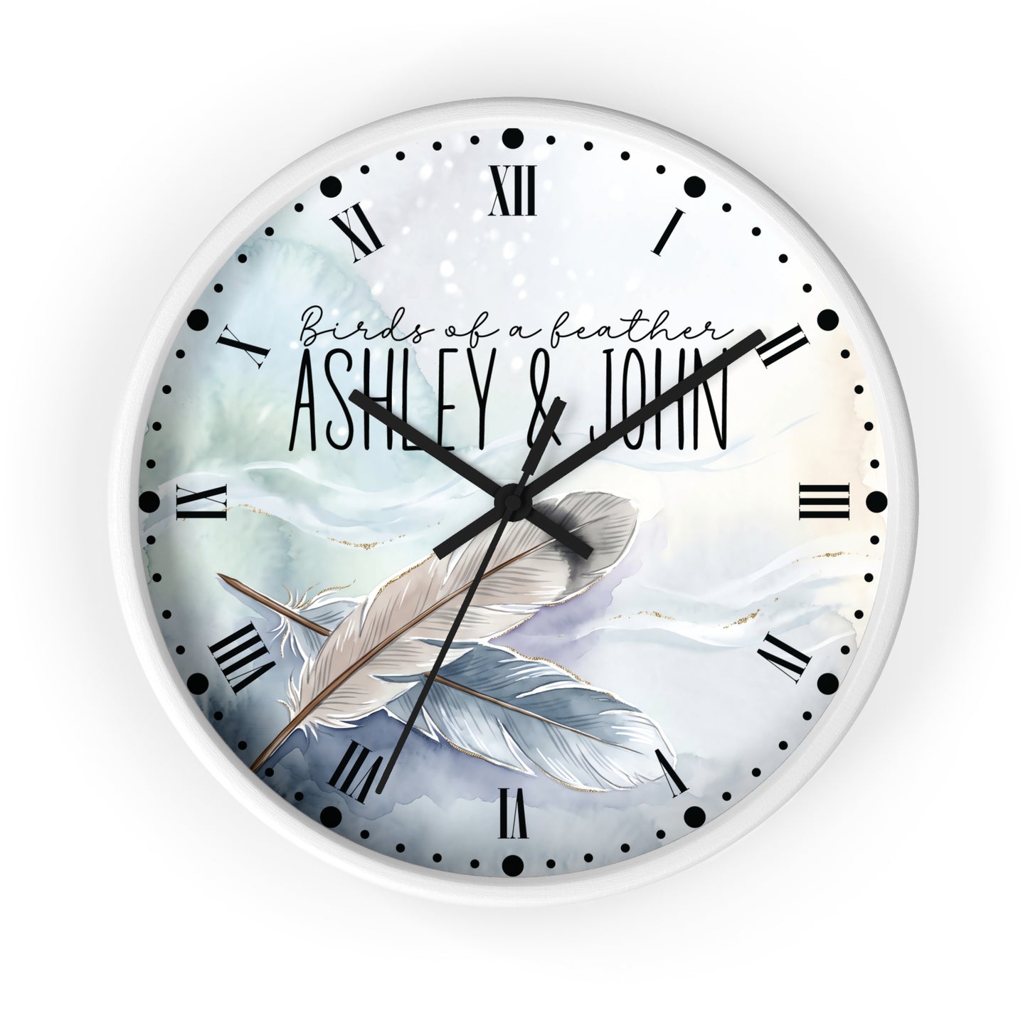 Feathered Romance Couples Wall Clock — Personalized Newly Wed Gift