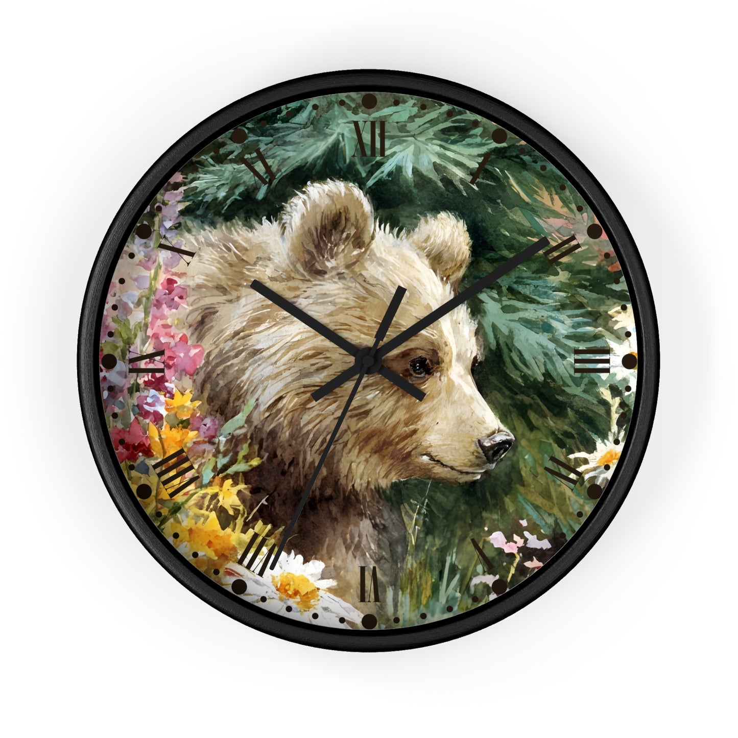 Bear Cub Floral Wall Clock — Rustic Woodland Nursery Decor