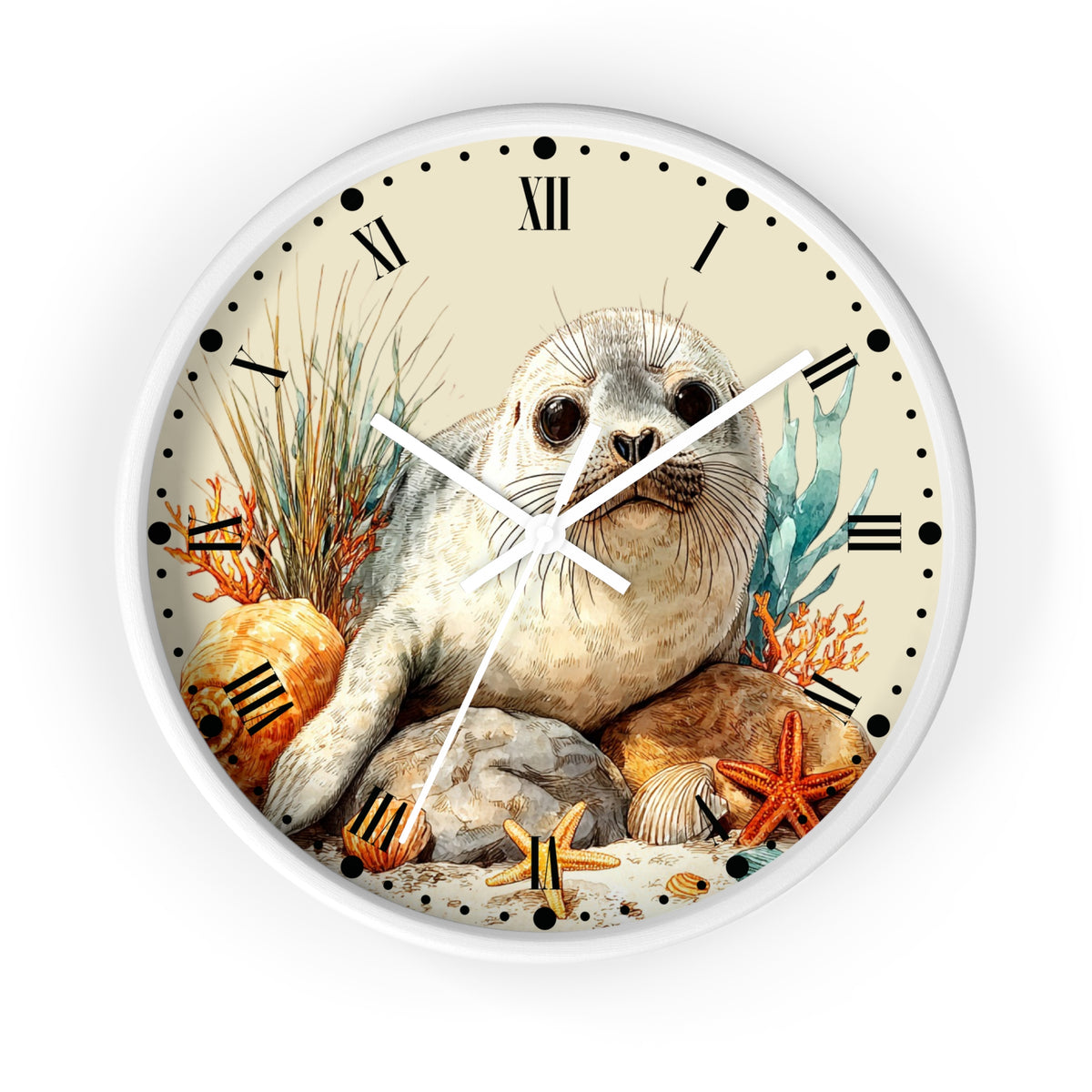 Round wall clock with a white frame and a printed illustration of a seal pup on the face, surrounded by sea plants, shells, and starfish, with Roman numerals and white clock hands.