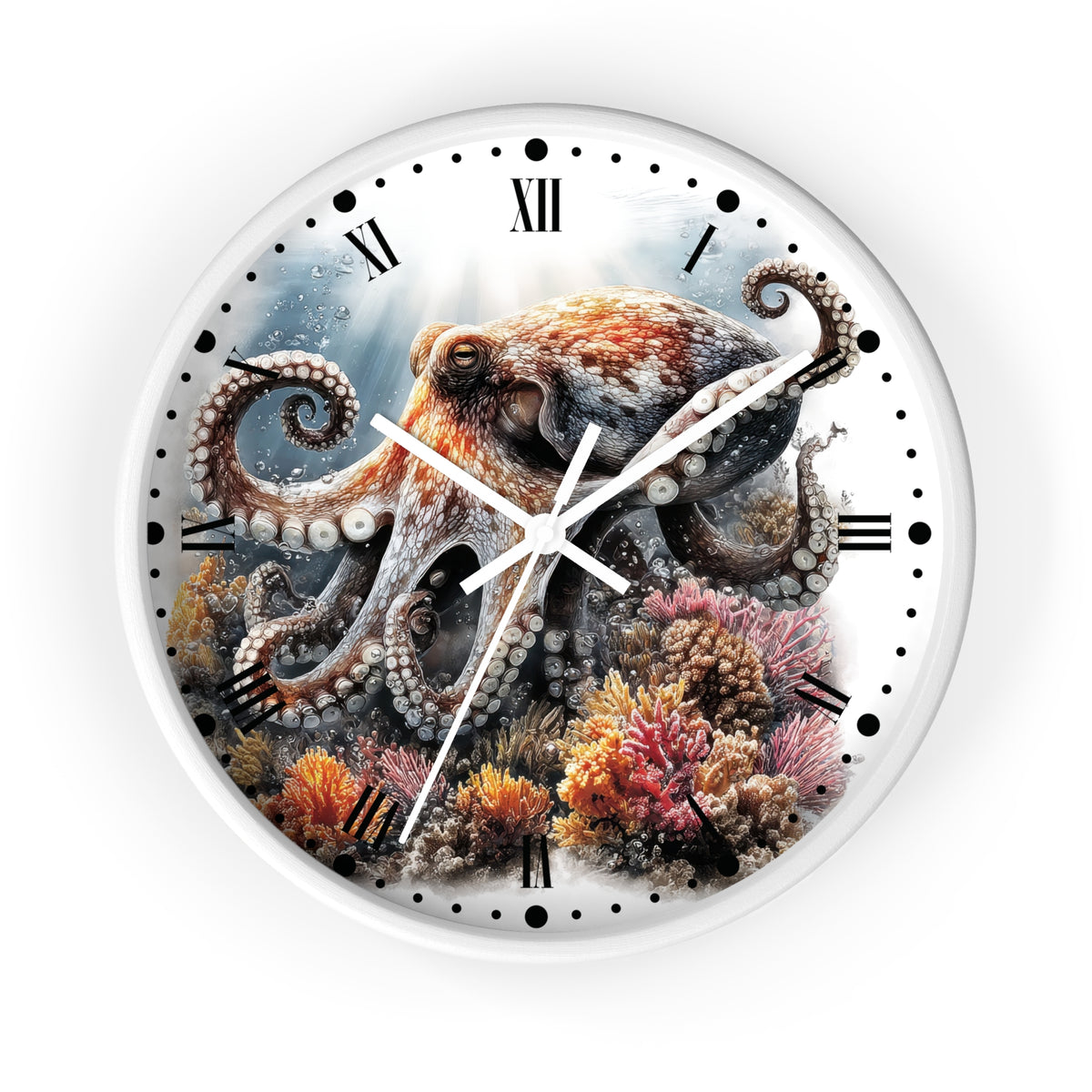 Round wall clock with a white frame and a printed ocean scene featuring a large octopus over colorful coral, with black Roman numerals and white hands on a white background.