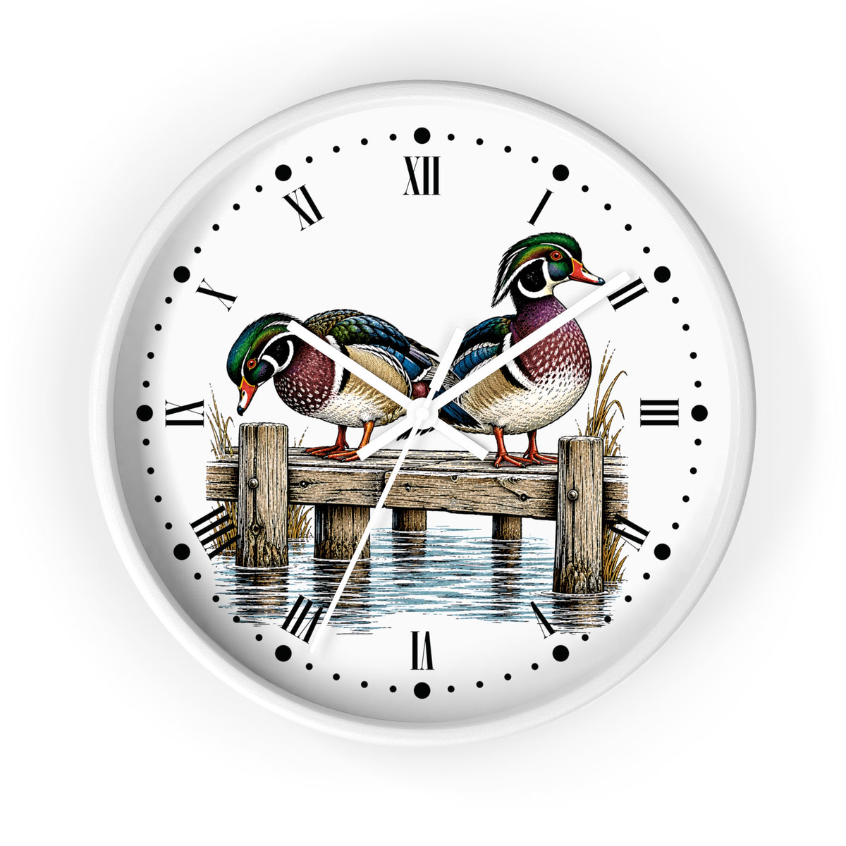A round white wall clock featuring an illustration of two wood ducks perched on a wooden dock over water, with black Roman numerals and white hands on a clean white background.