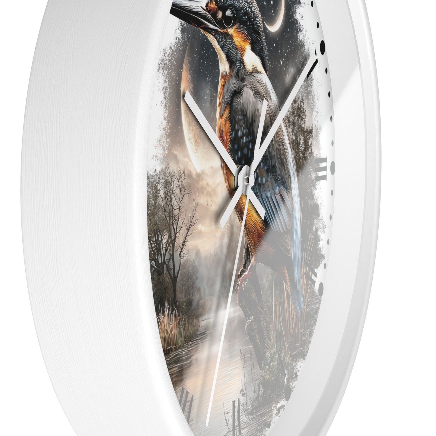A white oval wall clock featuring a detailed printed design of a kingfisher bird over a misty river landscape with a full moon.