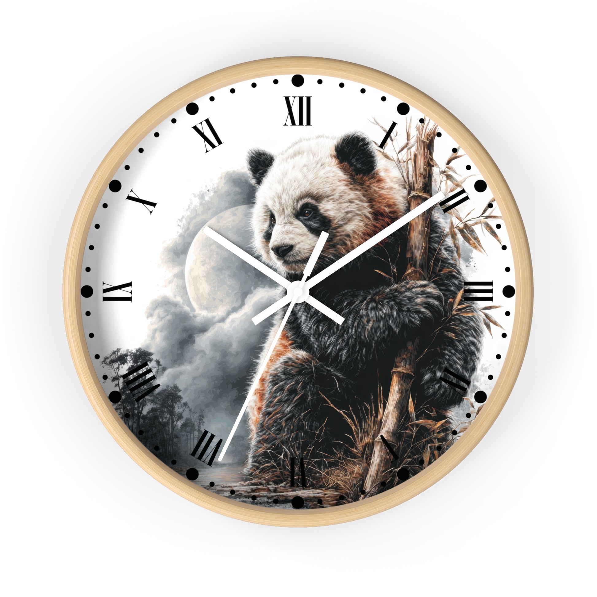 A round wall clock with a light wood frame and a printed panda illustration on the face, featuring Roman numerals and white clock hands against a white background.