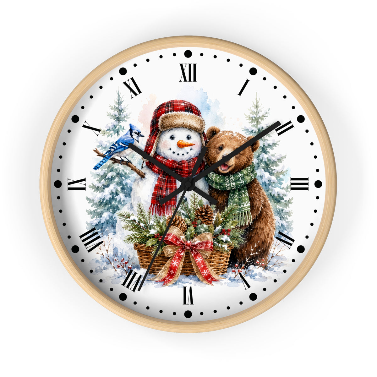 A round wall clock with a light wood frame and a white face featuring a winter holiday illustration of a snowman, a bear, evergreen trees, and a bluebird. The clock uses black Roman numerals for hour markers and black hands.