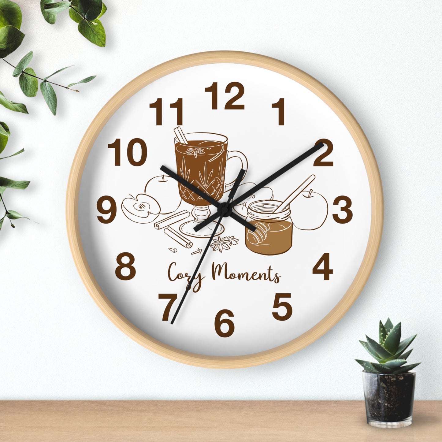 Hand Drawn Cozy Moments Wall Clock  | Autumn Spice Coffee Kitchen Decor
