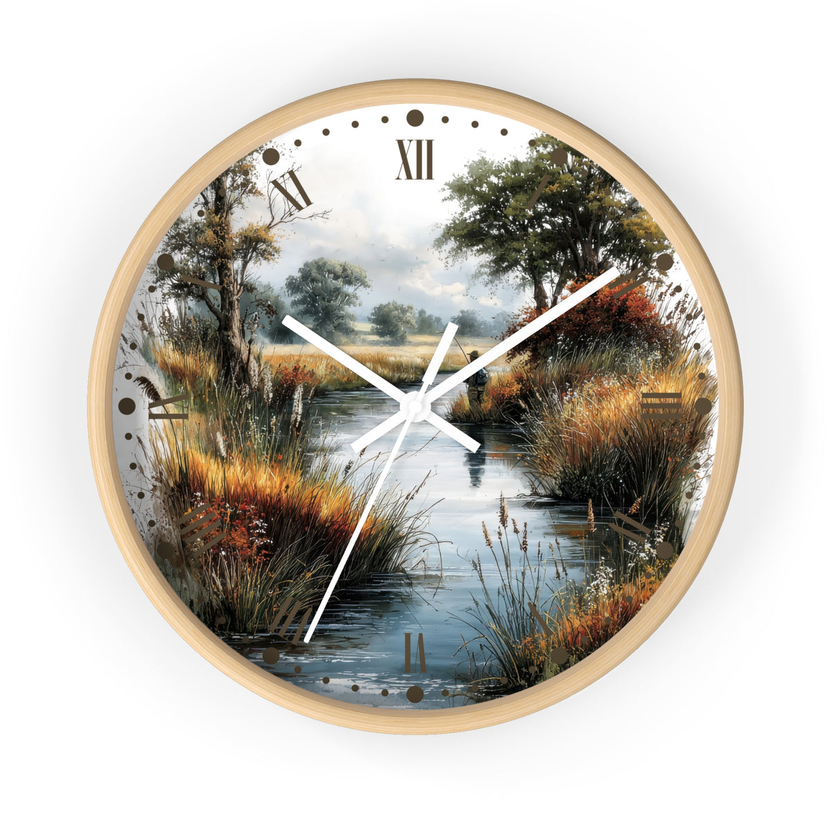 Round wall clock with a light wood frame and a scenic landscape print featuring a river, trees, grasses, and Roman numerals, shown against a plain white background.